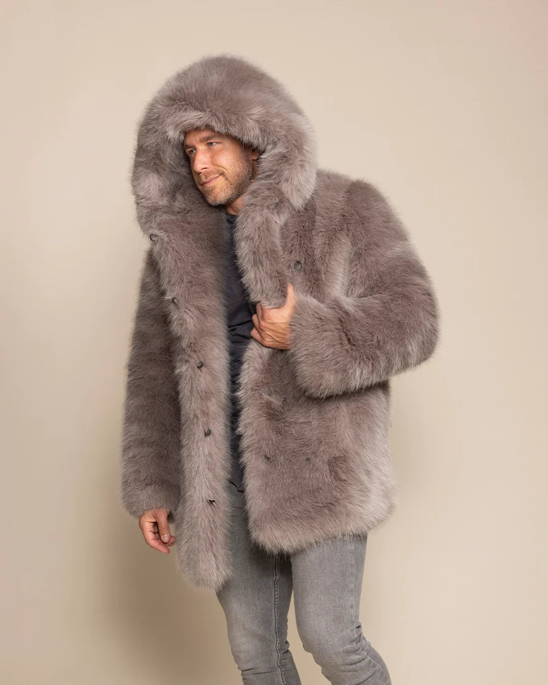 Men's Grey Fox classic Hooded luxe coat by SpiritHoods, showcasing the premium plush grey fur and relaxed fit.