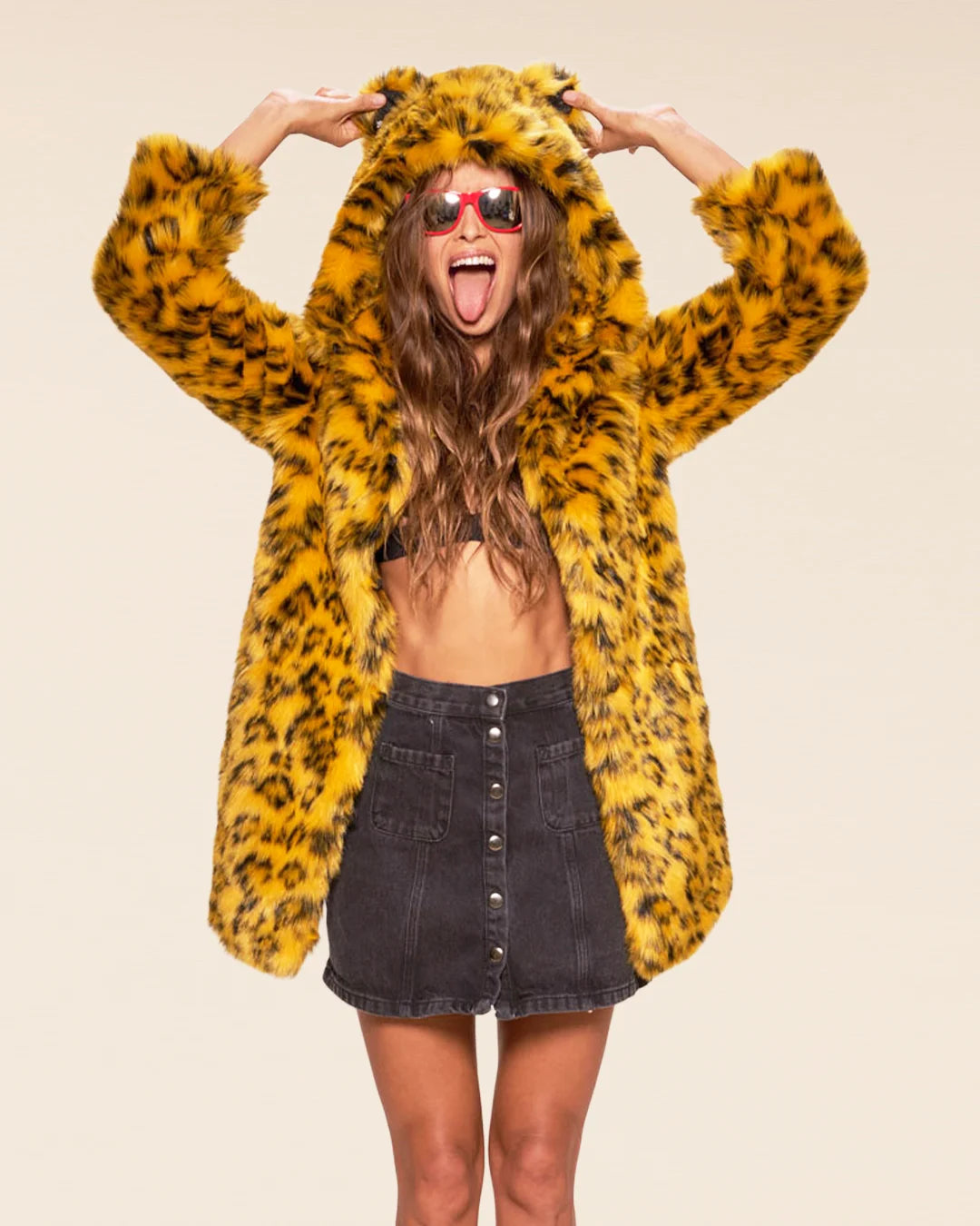 Colorful animal print coat for women with a feline ear hood, designed for festival style and trending streetwear