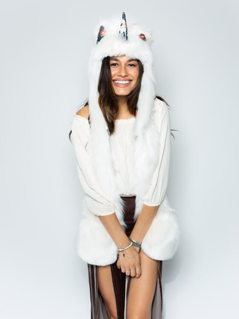 Woman wearing faux fur Unicorn CE SpiritHood, front view 1