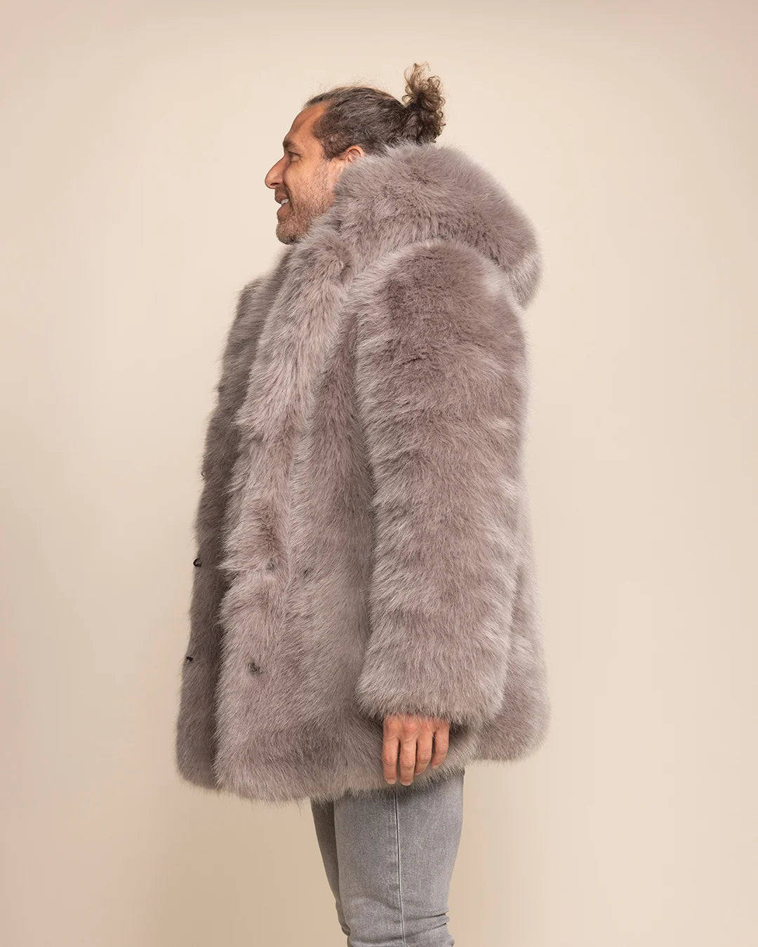 Men's plush fake fur jacket in Grey Fox grey, designed for a rugged, animal-inspired aesthetic.