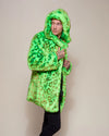 Unisex neon green leopard festival coat with 4 outer pockets and a secret internal stash zipper pocket.