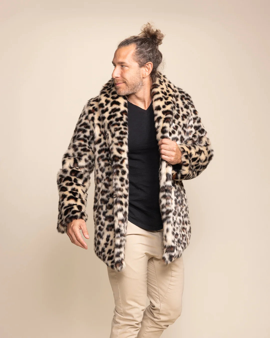 Men's Oncilla cheetah print fur coat featuring custom peacoat button closures and a high-performance luxury feel.