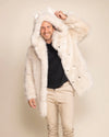 Men's Ivory White Faux Fur Overcoat with an animal-inspired hood, offering cruelty-free styling and maximum warmth