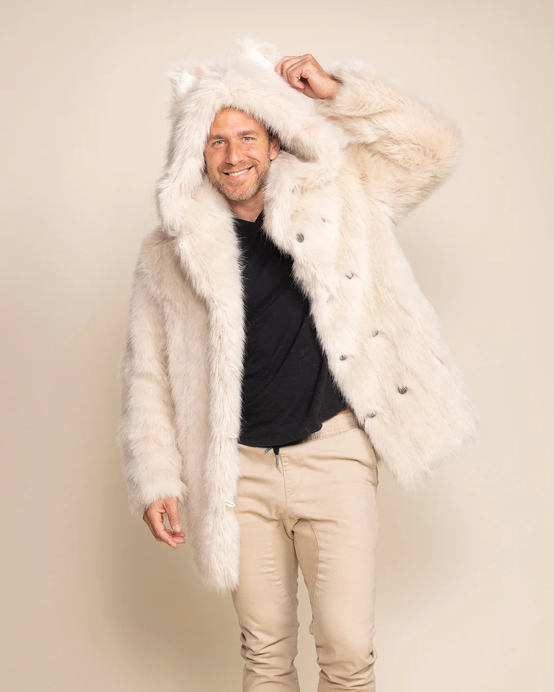 Men's Ivory White Faux Fur Overcoat with an animal-inspired hood, offering cruelty-free styling and maximum warmth