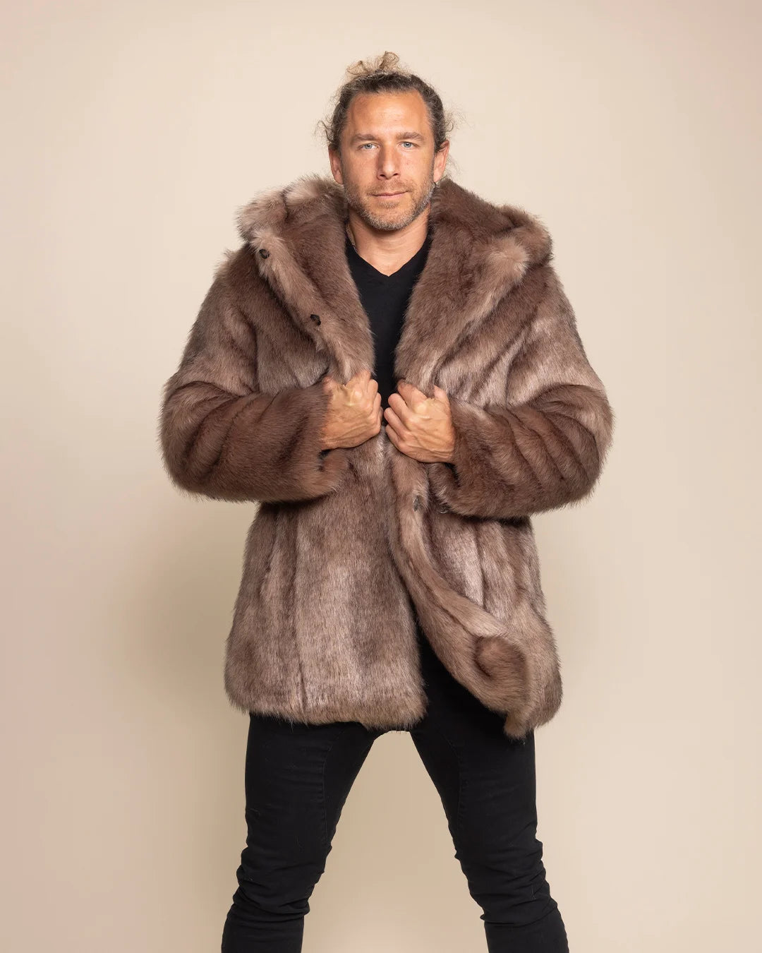 Men's Italian Wolf faux fur coat with oversized hood, wolf-ears, ideal for Burning Man and music festivals.