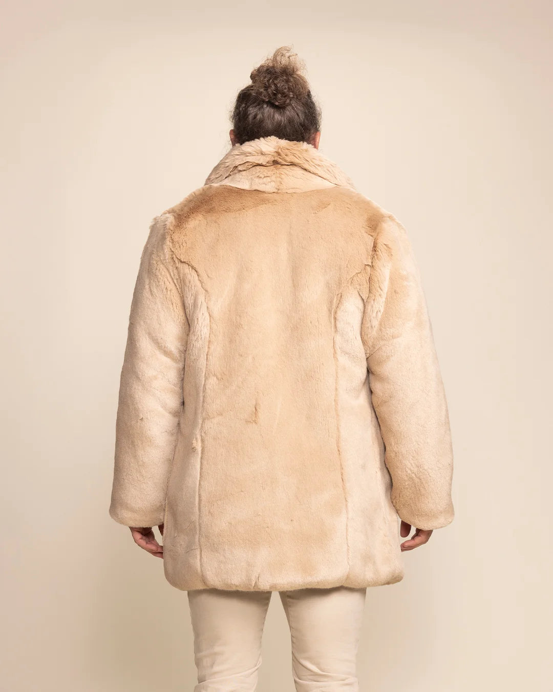 Top-rated festival fashion: a men's tan faux fur overcoat with an oversized collar and internal stash pocket.