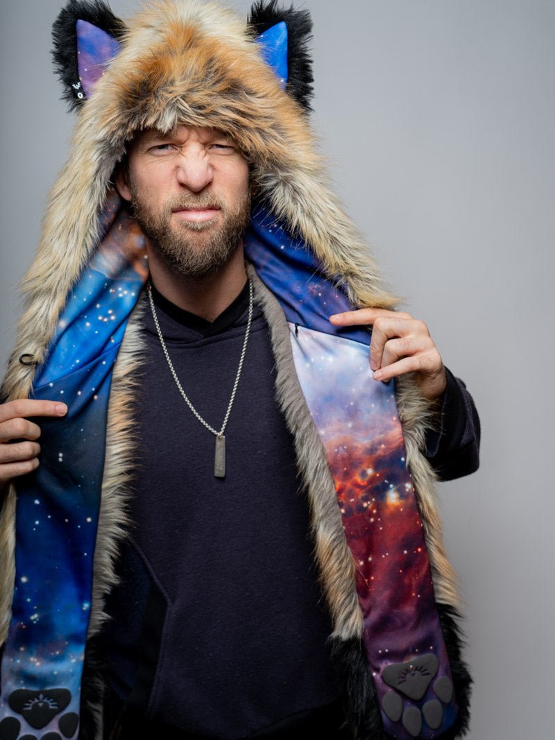 Man wearing faux fur Red Fox 2.0 Galaxy CE SpiritHood, front view 4