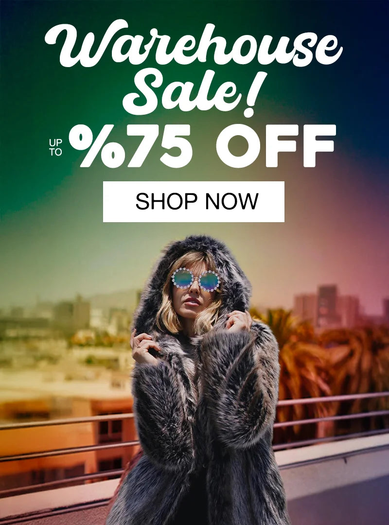 Person wearing a fur coat with a warehouse sale advertisement in the background