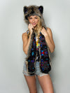 Woman wearing faux fur Direwolf CE SpiritHood, front view