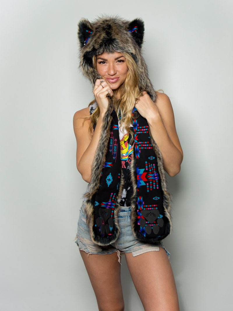 Woman wearing faux fur Direwolf CE SpiritHood, front view