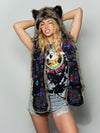 Woman wearing faux fur Direwolf CE SpiritHood, front view 2