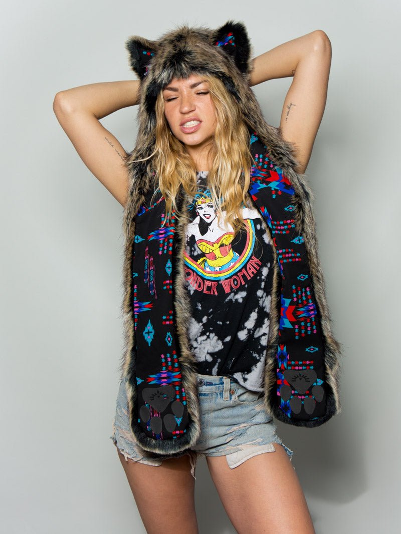 Woman wearing faux fur Direwolf CE SpiritHood, front view 2