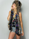Woman wearing faux fur Direwolf CE SpiritHood, side view
