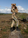 Woman wearing Liger Velvet Classic Faux Fur Animal Onesie, side view 1