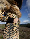 Woman wearing Liger Velvet Classic Faux Fur Animal Onesie, side view 2