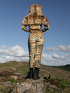 Woman wearing Liger Velvet Classic Faux Fur Animal Onesie, back view 2