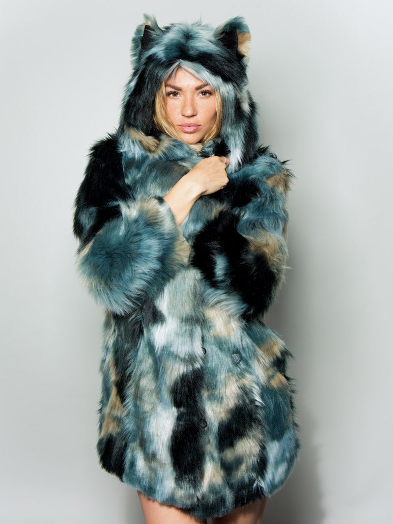 Blue and Black Marble Fox Faux Fur Coat on Female