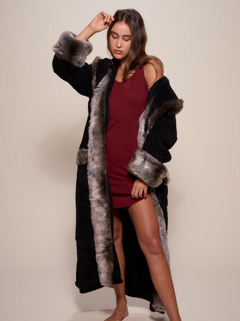 Wolf Print Robe Faux Fur Robe Womens Plush Hood Ears Glamour Black Grey Wolf Trim ...