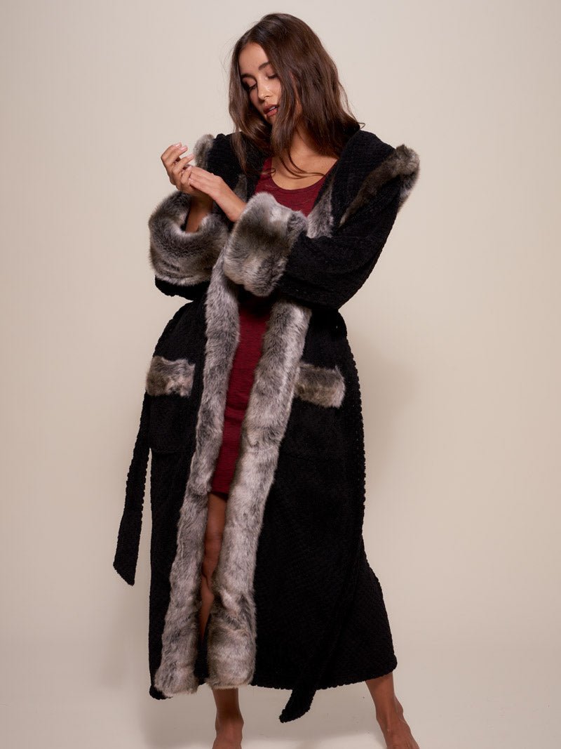 Wolf Print Robe Faux Fur Robe Womens Plush Hood Ears Glamour Black Grey Wolf Trim ...