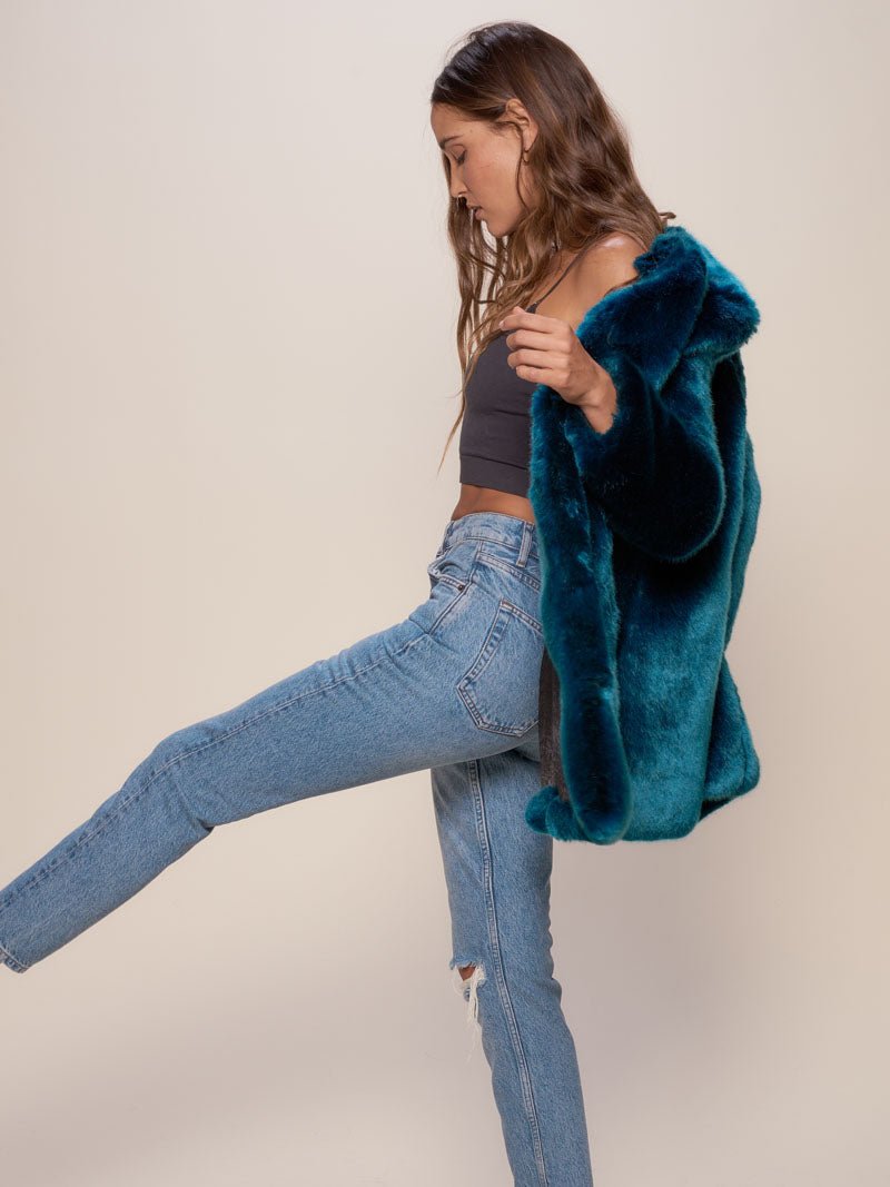 Turquoise Royal Wolf Luxe V-Neck Faux Fur Coat on Female