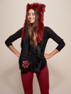 Woman wearing faux fur Fire Wolf 2.0 Collector Edition SpiritHood, front view