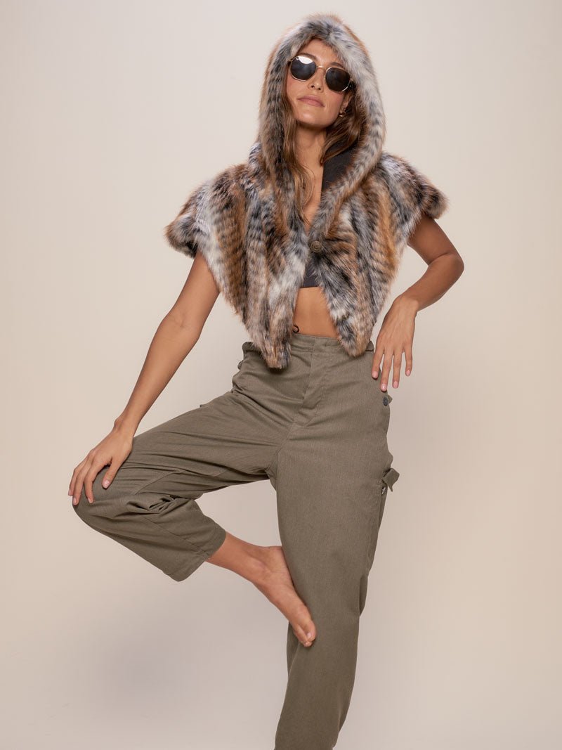 Red Tail Hawk Faux Fur Shawl with Hood on Woman
