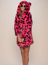 Woman wearing Neon Pink Leopard Classic Faux Fur Coat, front view 3