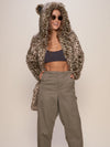 Woman wearing Forest Leopard Luxe Classic Faux Fur Coat, front view 4