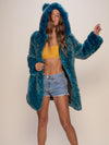 Female Model Wearing Hooded Ice Leopard Faux Fur Coat