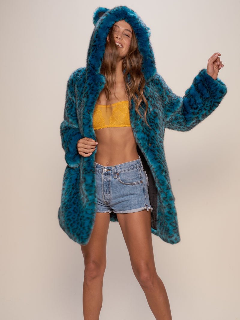 Female Model Wearing Hooded Ice Leopard Faux Fur Coat