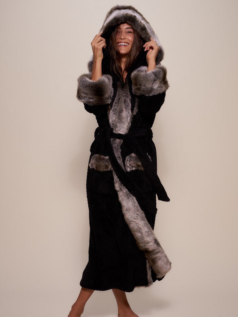 Wolf Print Robe Faux Fur Robe Womens Plush Hood Ears Glamour Black Grey Wolf Trim ...