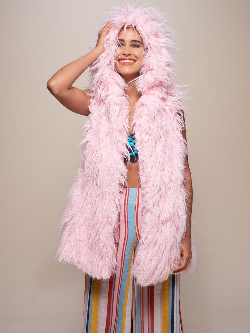 Woman wearing Flamingo Faux Fur Vest