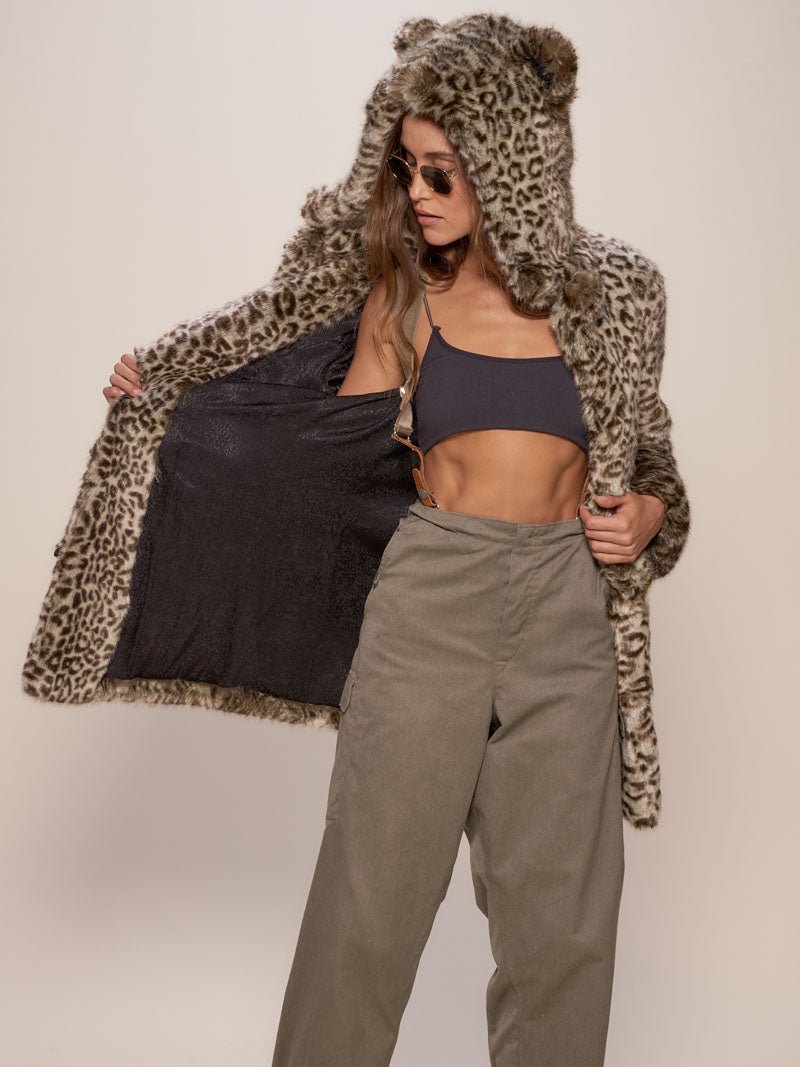 Woman wearing Forest Leopard Luxe Classic Faux Fur Coat