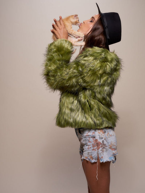 Faux Fur Bomber Jacket Womens Fluffy Rave Punk Green Jade Fox
