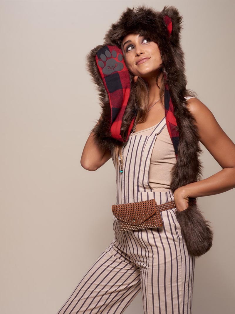 Woman wearing Brown Bear Faux Fur SpiritHood, side view