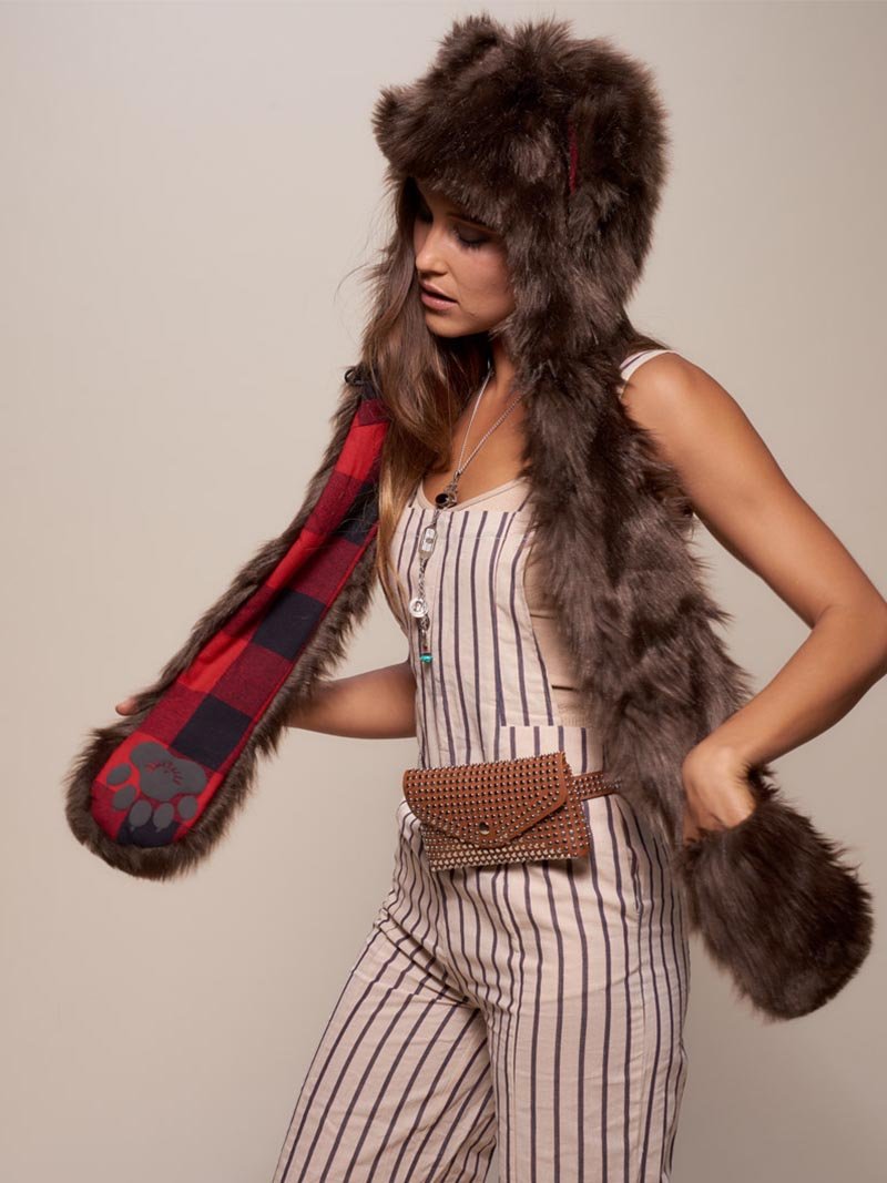 Woman wearing Brown Bear Faux Fur SpiritHood, side view 1