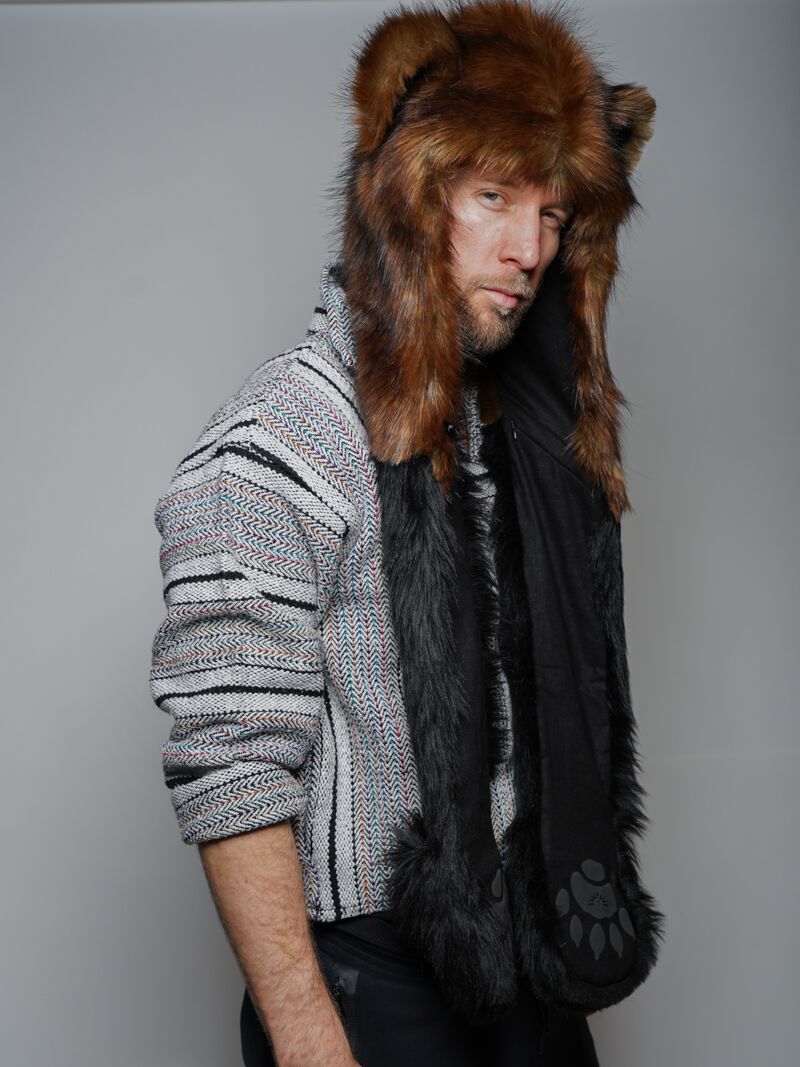 Faux Fur Hat Mens Spirit Hood With Ears in Brown Wolverine