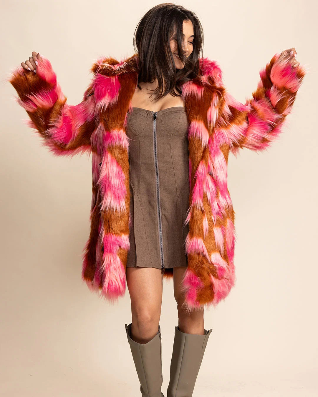 *One Of A Kind* Hooded Faux Fur Coat | Pink Rose Butterfly