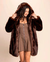 Women's Luxe Faux Fur Coat in deep brown wolf with oversized hood. Collector Edition SpiritHoods Festival fashion jacket.