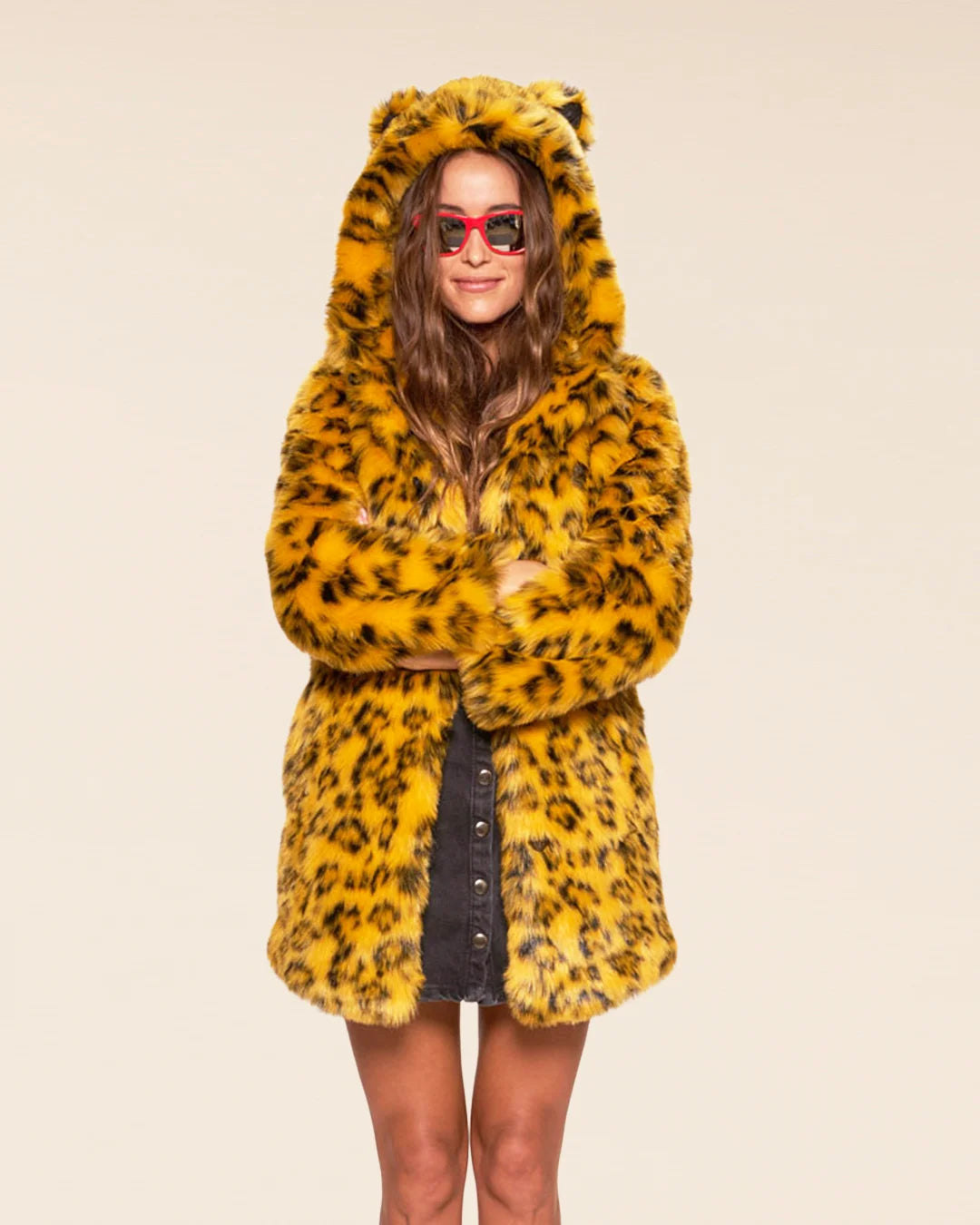 SpiritHoods women's Yellow Cheetah Classic coat with a relaxed fit, perfect for bold festival outfits.