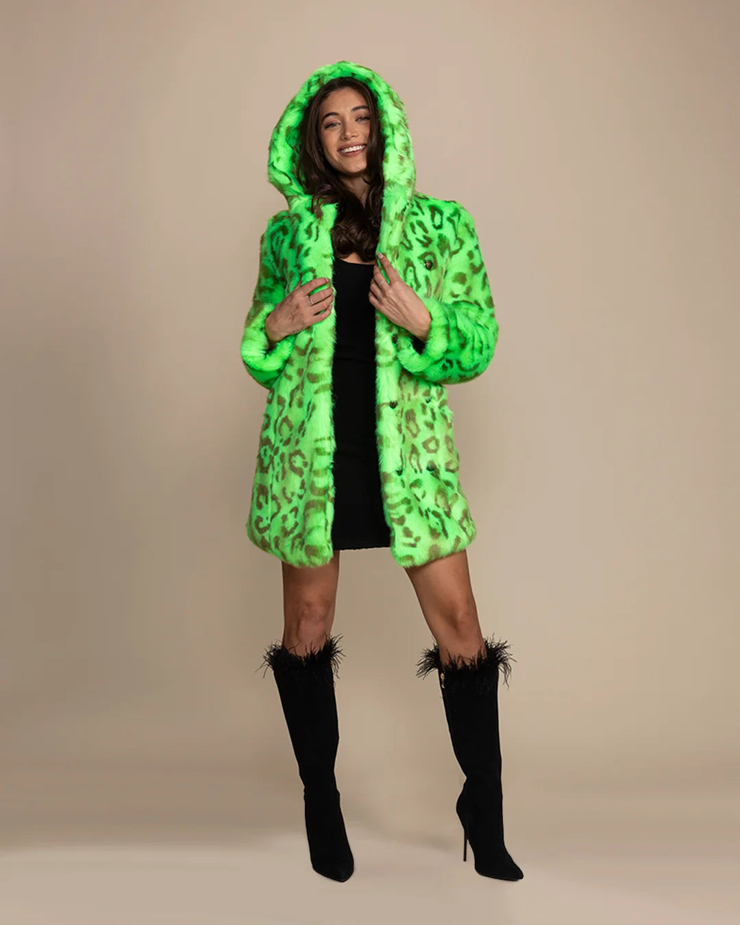 High-visibility bright green leopard print outerwear for women with a plush hood and peacoat button closure.