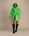 Top-rated festival fashion: a women's colorful neon green leopard fur coat with an oversized hood and ears.