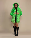 Premium 100% vegan fashion: a women's neon green leopard print coat designed with limited waste production.