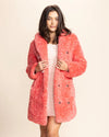 Top-rated festival fashion: a women's pink panther coat with an oversized collar that can be worn up or down with peacoat button closure.