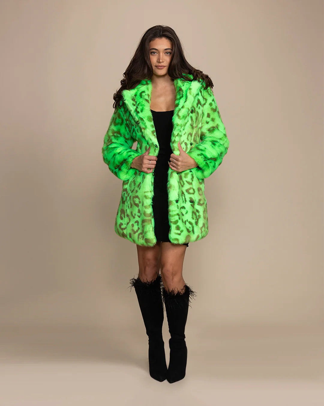 Neon green leopard fake fur jacket featuring a hidden stash zipper pocket and 4 deep functional pockets.