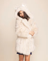 Ethereal white faux fur winter coat for women, perfect for weddings, festivals, or luxury date night layering.