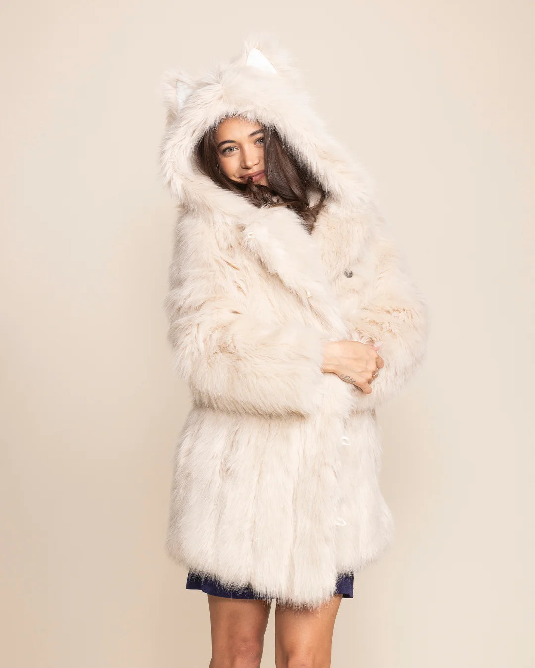 Ethereal white faux fur winter coat for women, perfect for weddings, festivals, or luxury date night layering.