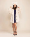 Detail view of the Arctic Wolf white faux fur coat showing the signature wolf ears and custom peacoat buttons.