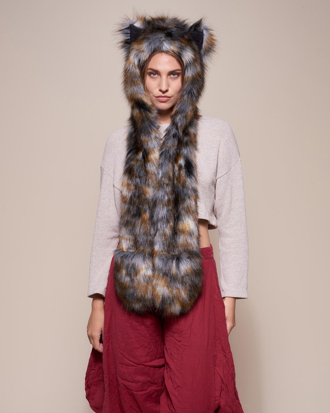 Woman wearing Brindle Wolf Collector Edition Faux Fur Hood
