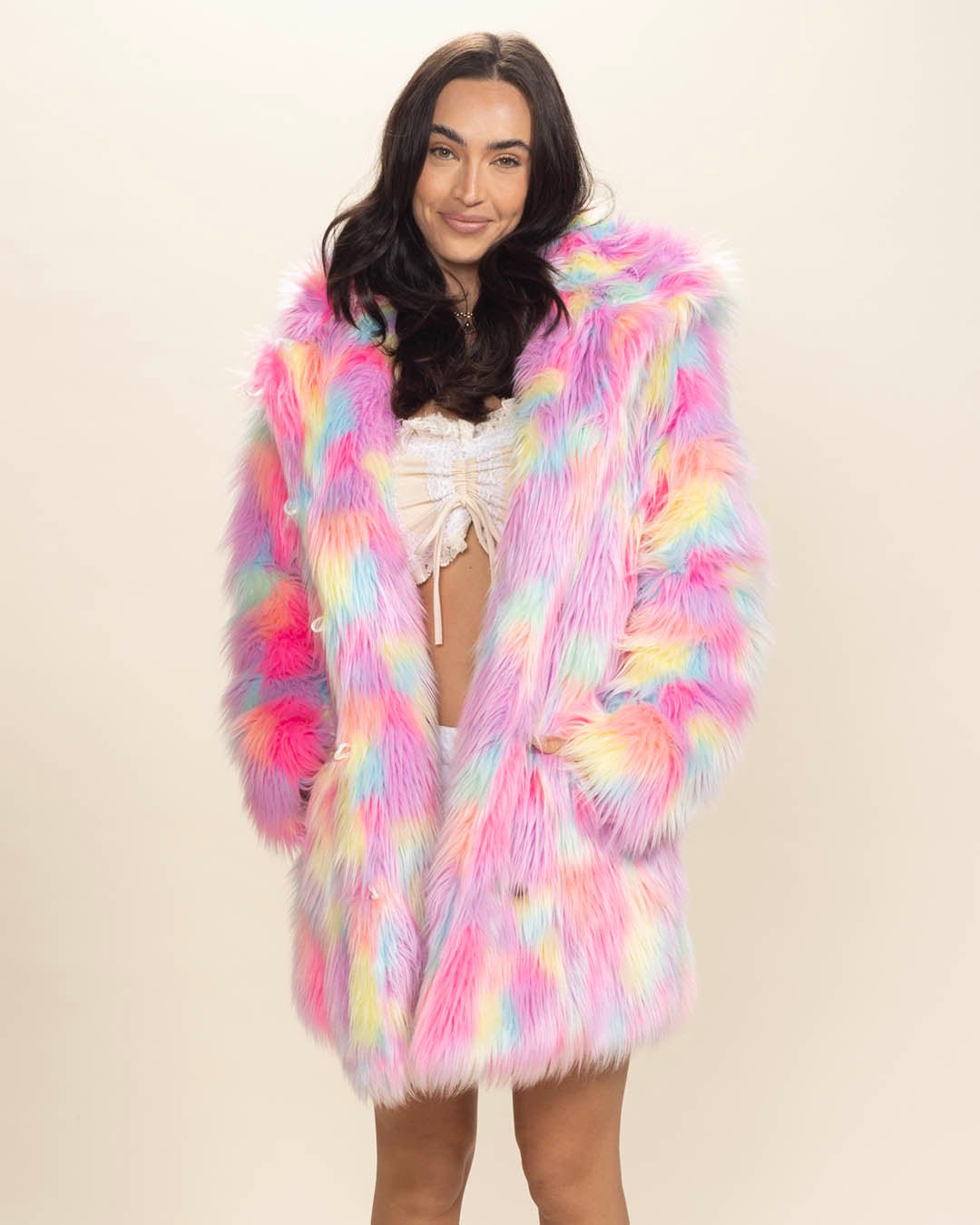 Colorful Faux Fur Coat Womens Dreamland Cat SpiritHoods
